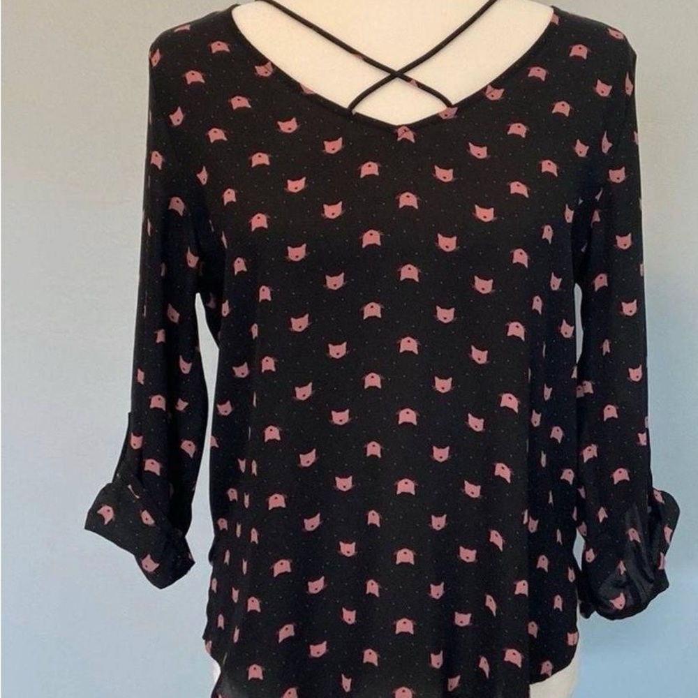 Sweet Rain 3/4 Sleeve V Neck Criss Cross Pink Cat Print Black Blouse Size M